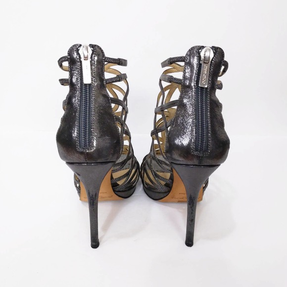 Jimmy Choo Glitter Leather Gladiator Heels In Anthracite Metallic Silver Gray - Picture 4 of 12